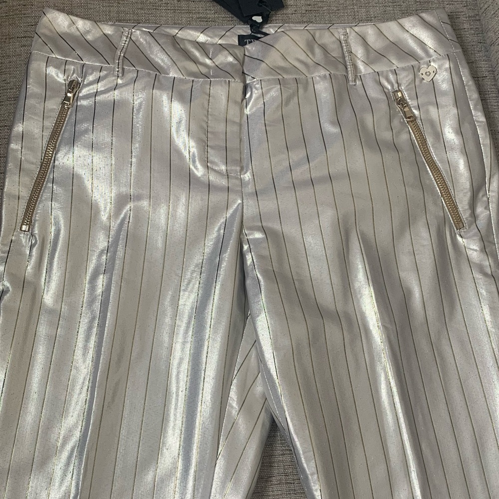 NWT TWINSET Pants, Metallic Silvery-Champagne w/Gold Pinstripes, Sz IT 48 (XL)